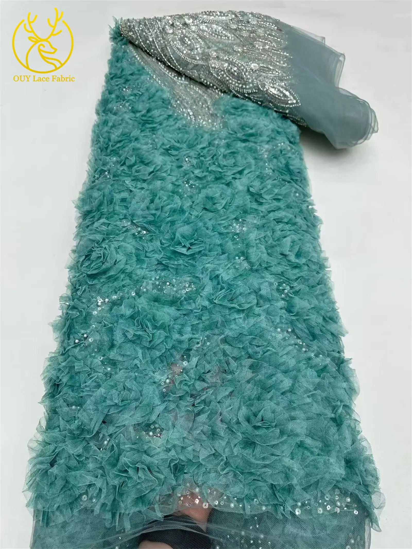 3D-grüner französischer Pailletten-Spitzenstoff mit Blumenmuster, 2026, hochwertiger afrikanischer Perlen-Spitzenstoff, ideal für Partykleider und Hochzeitskleider – Detail 19