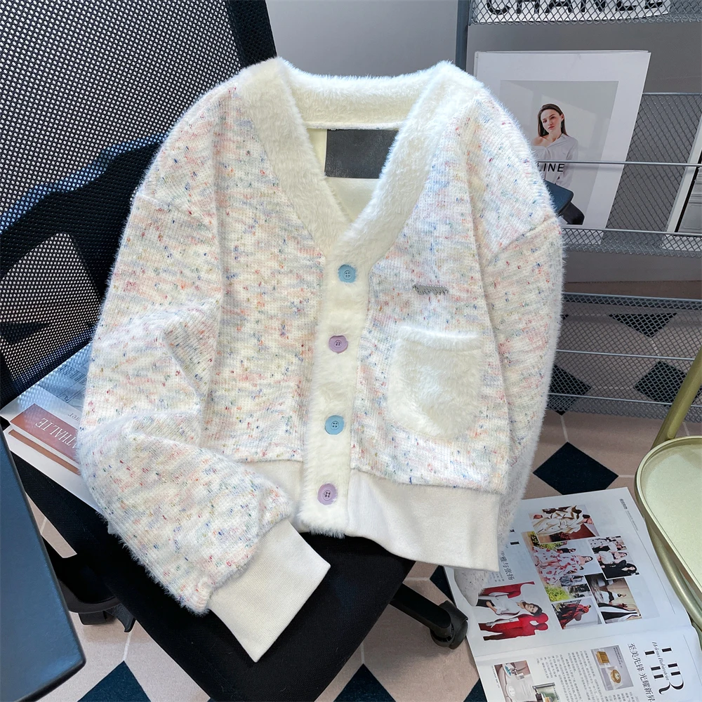 

Colorful Dot Knitted Sweater For Women 2025 Autumn V-neck Full Sleeve Cardigans Casual Single Breasted Short Knitwear