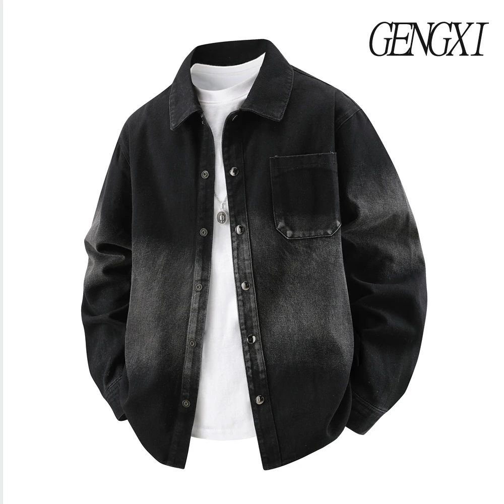 

American vintage washed distressed gradient design denim jacket Autumn/winter new single-breasted button-down shirt jacket