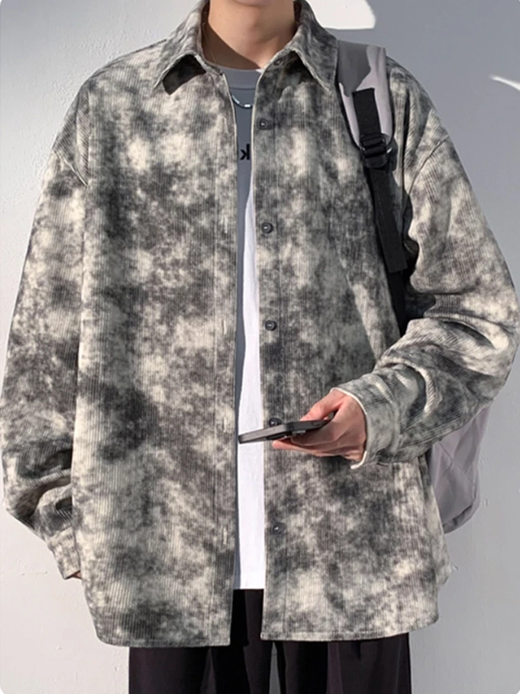 

Retro Corduroy Tie-Dye Long Sve Loose Men's irt Casual Sle Polyester Fiber Regular Length Faionable Outerwear