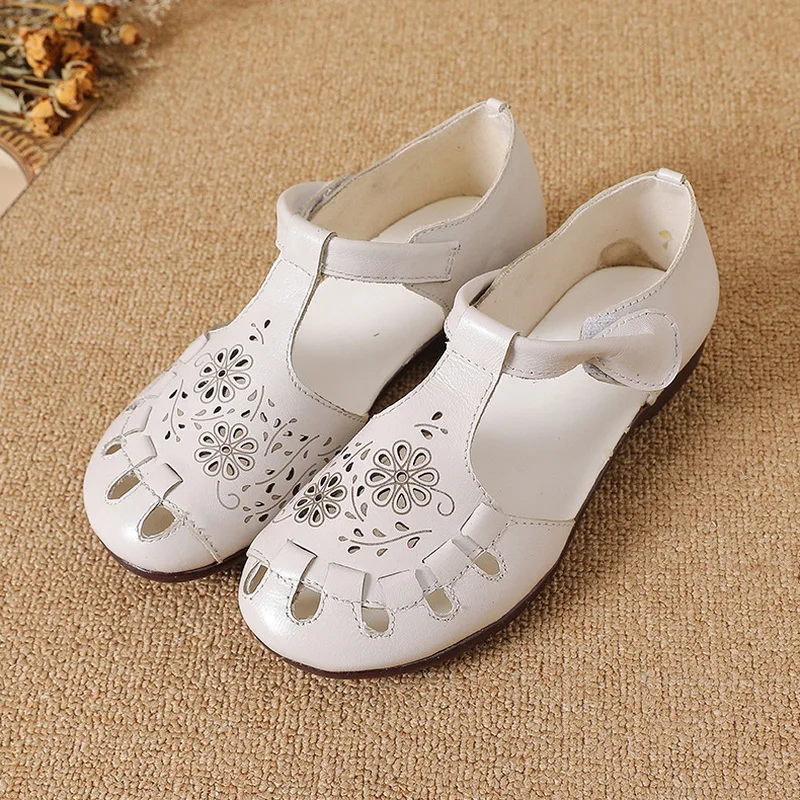 

New Cow Leather Sandals Woman Summer T Strap Shoes Big Size 42 Women's Cutout Retro Sandal Ladies Hollow Out Shoes Luxury Sandal