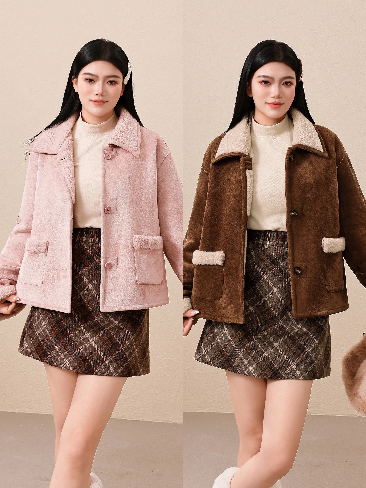 

Теплое замшевое зимнее пальто для женщин больших размеров в корейском стиле, для повседневной носки, из смесового хлопка и полиэстера, с длинными рукавами, на пуговицах