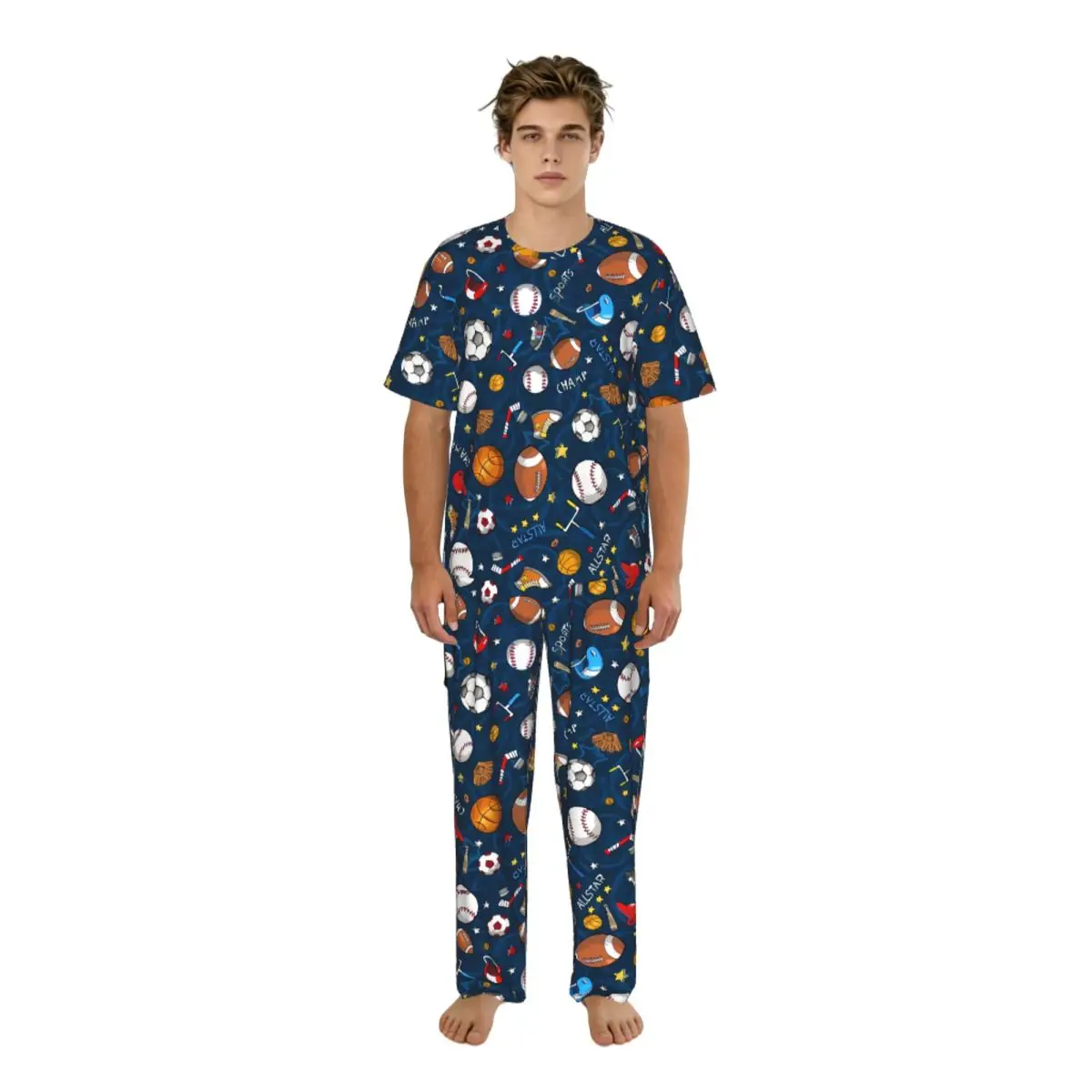 

Men Pajamas Set Sport Many Basketball Baseball And Football Short Sleeve Spring Summer Lounge Sleepwear Male Nightwear