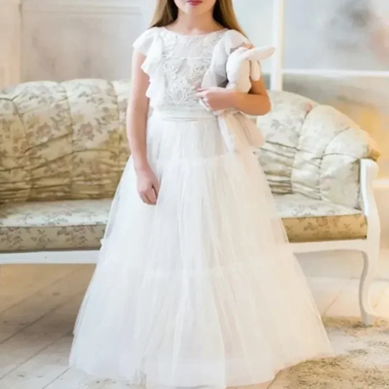 

White Flower Girl Dress Sleeveless Lace Tulle Applique Beaded Baby Girl Birthday Wedding Princess Party First Communion Gown