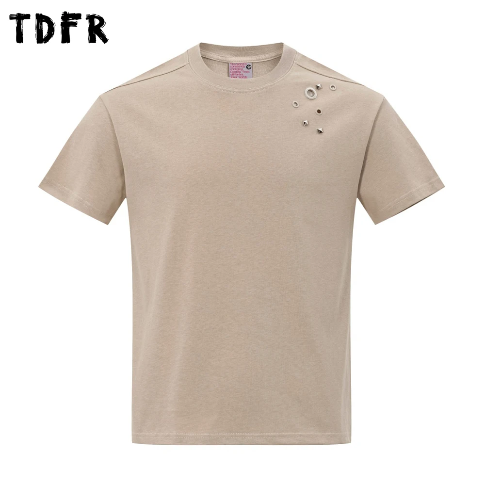 Rivets Short Sleeve T-shirt Mens Summer Retro Cargo Loose Crew Neck Half-Sleeve Cotton Tee Man Tshirt