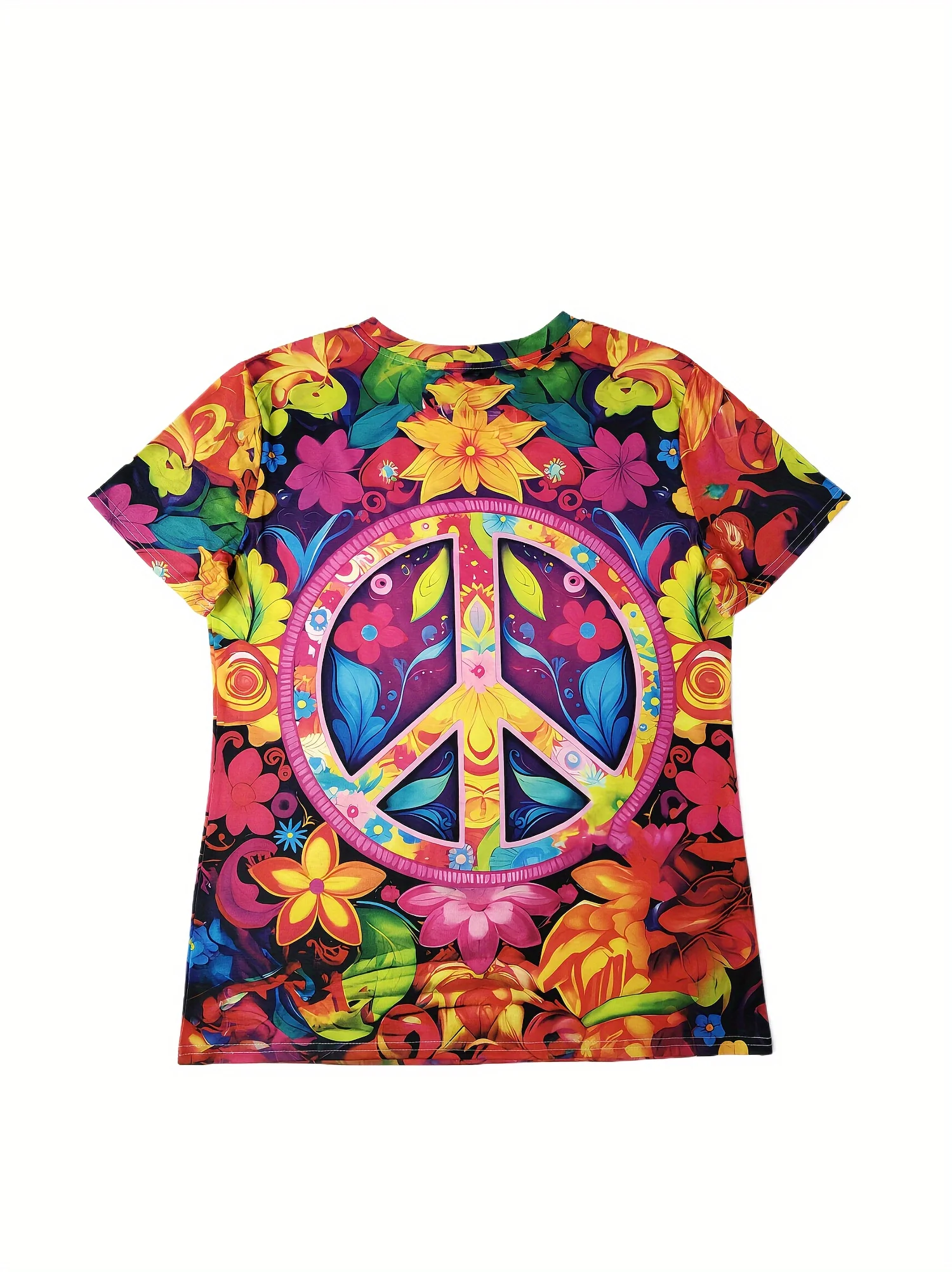 Women Short Sleeve T‑Shirt Boho Peace Sign Colorful Floral Hippie Style Print Crew Neck Loose Casual Summer Tops