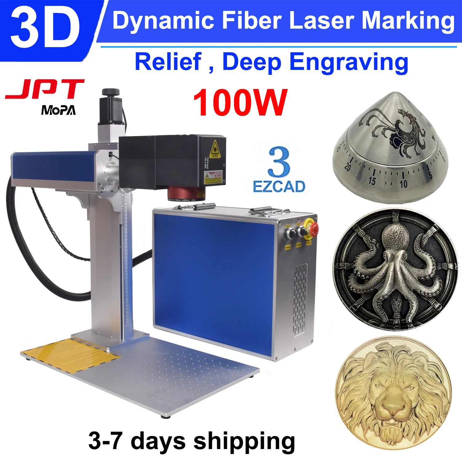 Macchina per marcatura Laser a fibra dinamica 3D JPT Mopa 3D Relief macchina per incisione profonda 3 assi 100W incisore Laser per il taglio dei