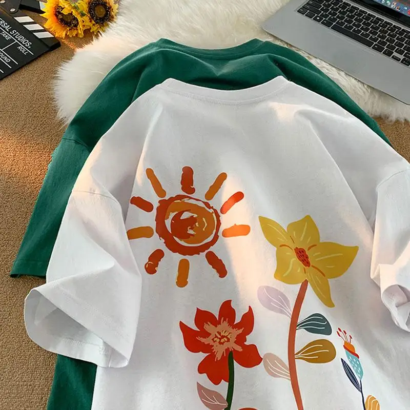 2025 Summer Oil Painting Printing T Shirt for Women Pure Cotton Tee Shirt UNISEX Harajuku Oversized T-shirt Y2k Tops Streetwear