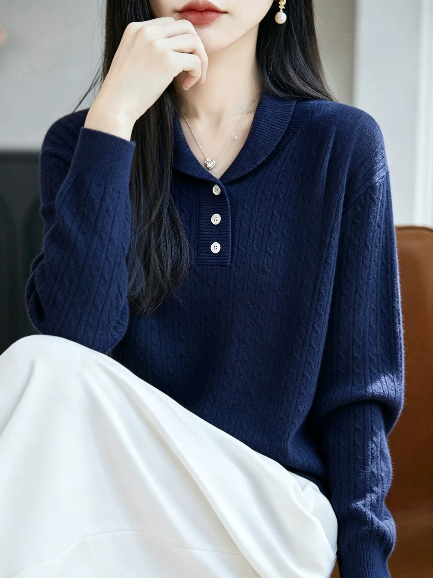 Retro Twisted  Neck Loose Knitted Sweater Women's Autumn Winter Slim Fit Half Open Button Knitwear Top Simple Style Long ...