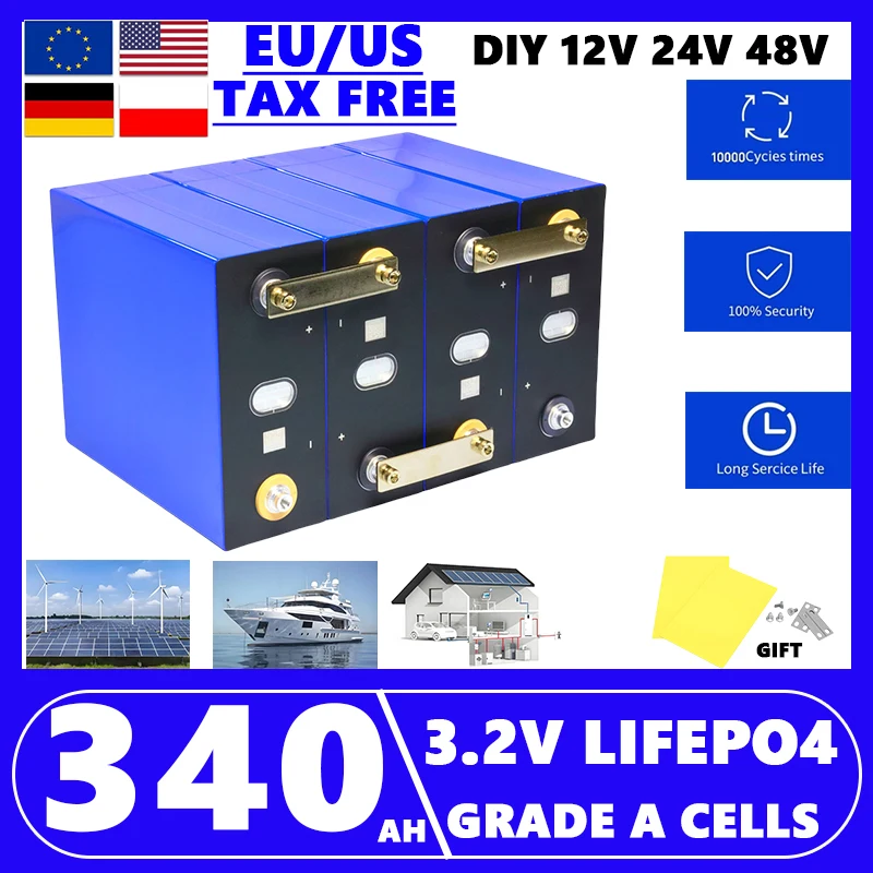 

3.2V 340AH Lifepo4 cells Grade A 10000 Cycles DIY 12V 24V 48V RV Camping Household energy solar energy storage system duty-free