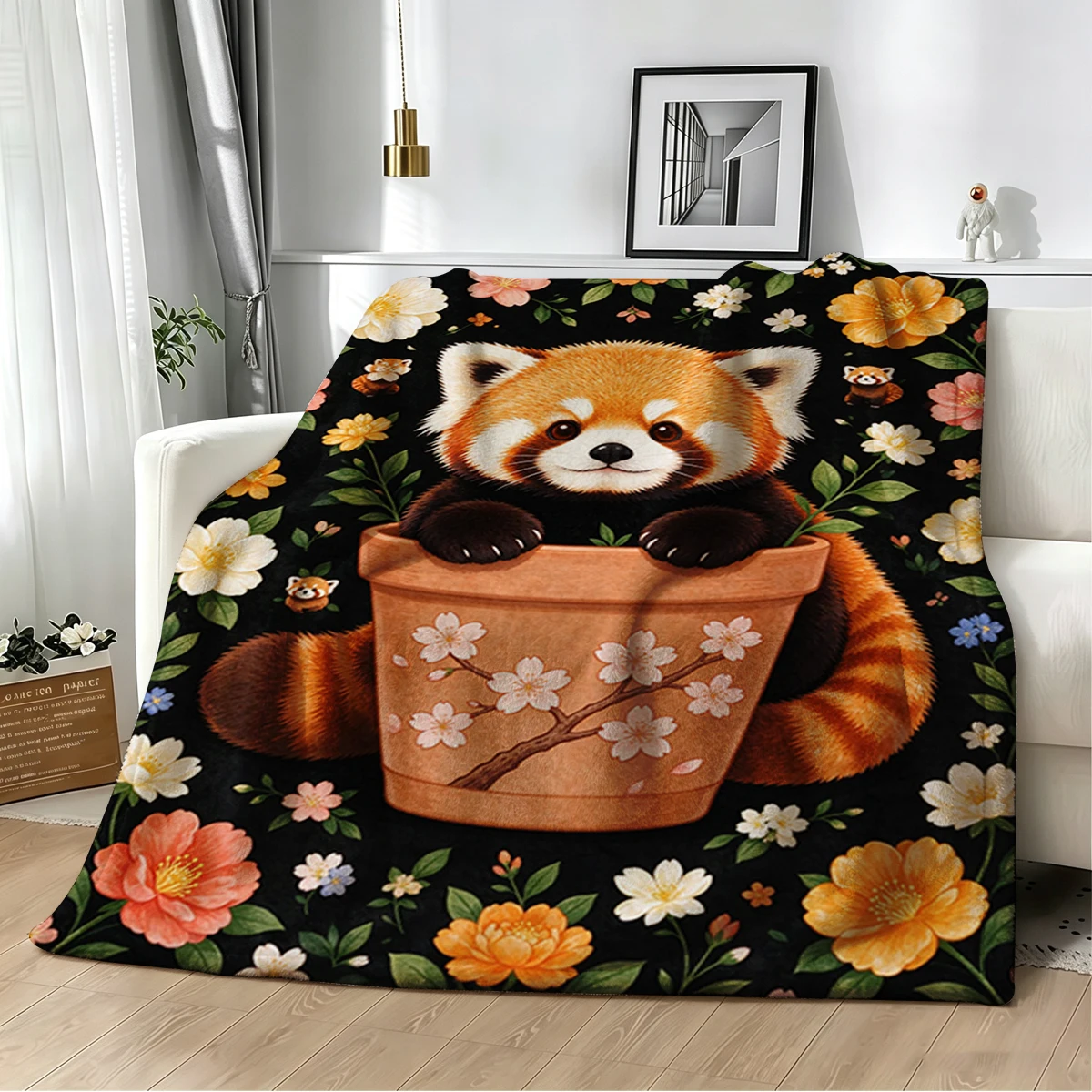 Red Panda Pot Blossoms Night Flannel Blanket Warm Soft Halloween Christmas Decorative Couch Warm Cozy All-Season Gift