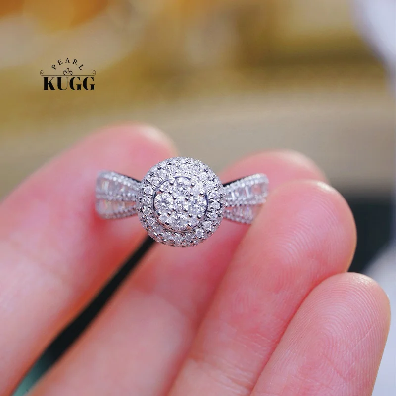 KUGG 100% 18K White Gold Rings Luxury Shiny Design 1.0carat Real Natural Diamond Engagement Ring for Women High Party Jewelry