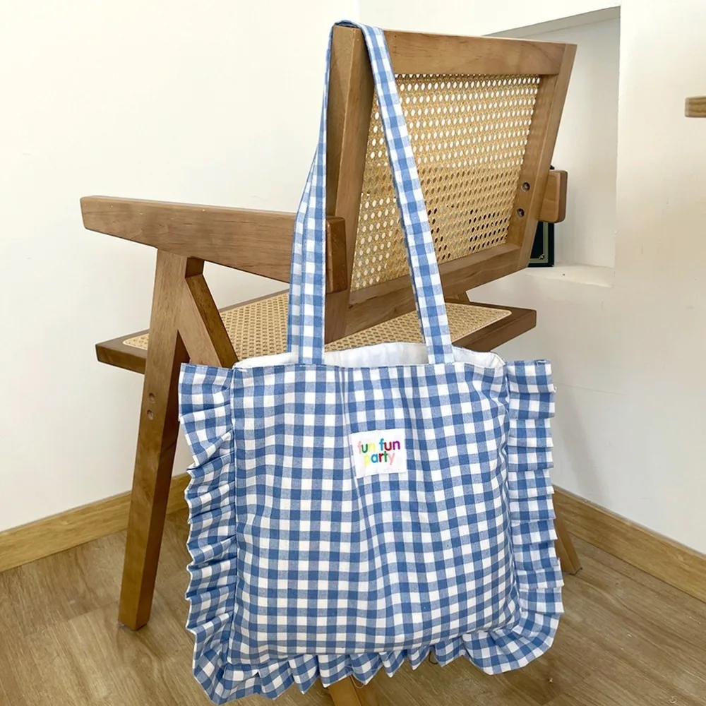 

Cute Sweet Lace Pillow Bag Commuting Ruffle Plaid Cotton Handbag Large Capacity Korean Style Shopping Shoulder Bag Gift