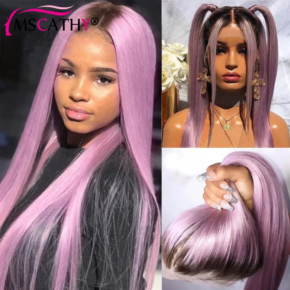 Light Pink Ombre Colored Lace Front Wigs For Women Straight Brazilian Human Hair Wig Purple Green Transparent Lace Frontal Wigs