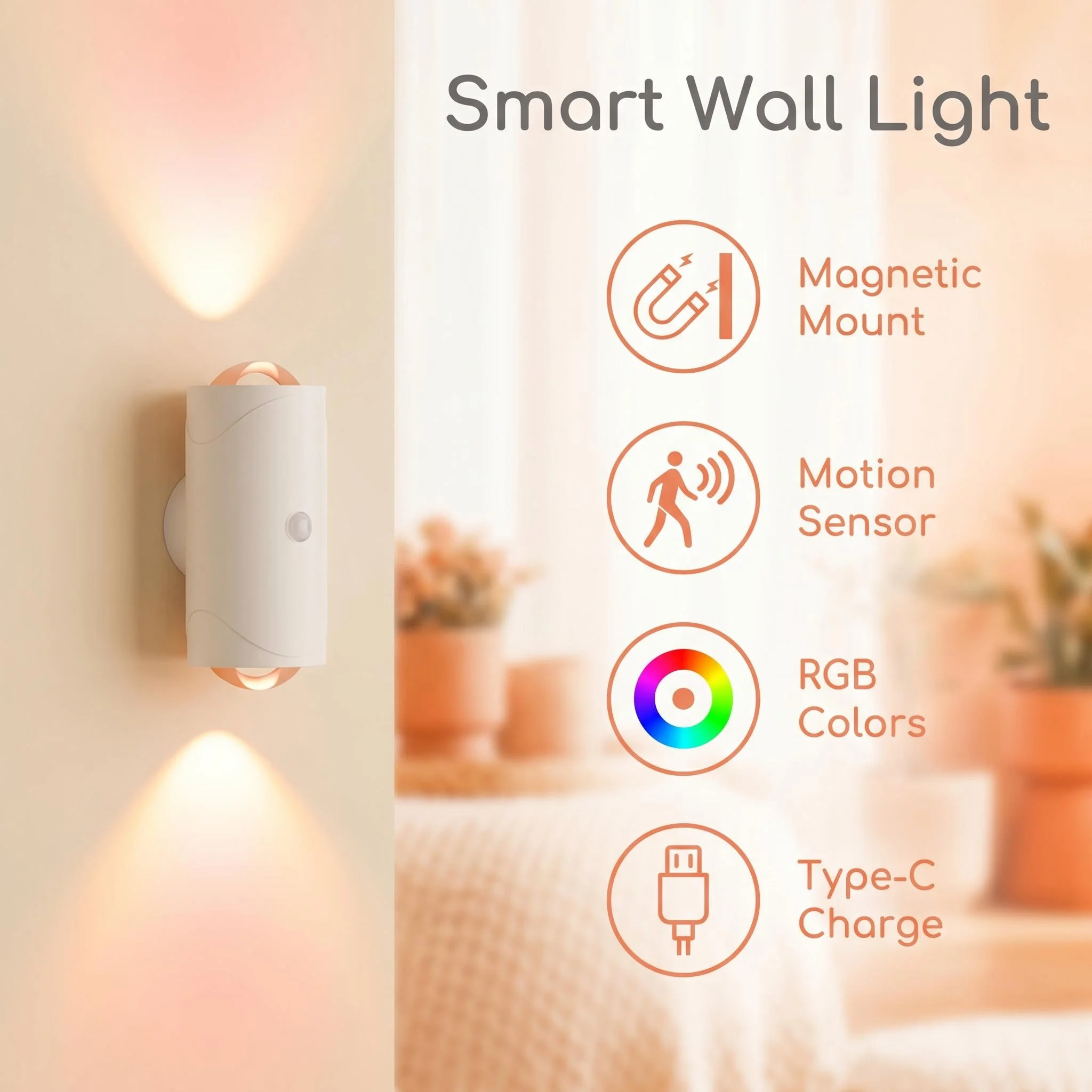 2pcs RGB Dual‑Head Wall Lamp, USB Charging, Built‑in Sensor, Compact & Elegant, Convenient Magnetic Mounting, Ideal for Hallways