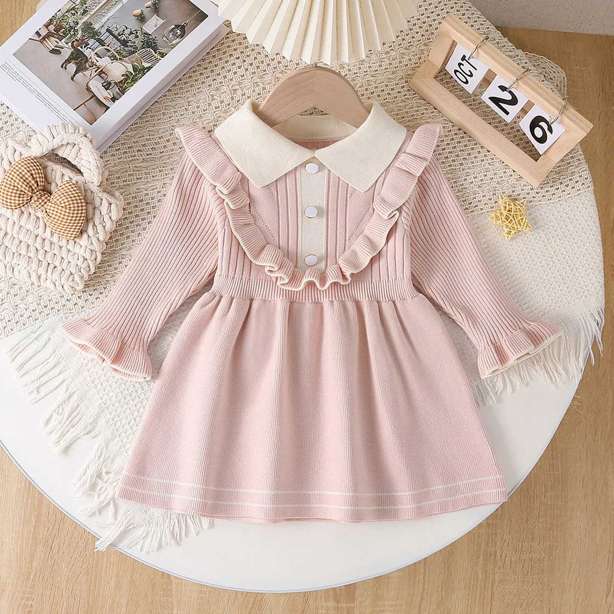1-5Y Girls Knitted Dresses New Autumn Children\'s Turn Down Collar Sweater Dress Kid\'s Long Sleeve Princess Clothing