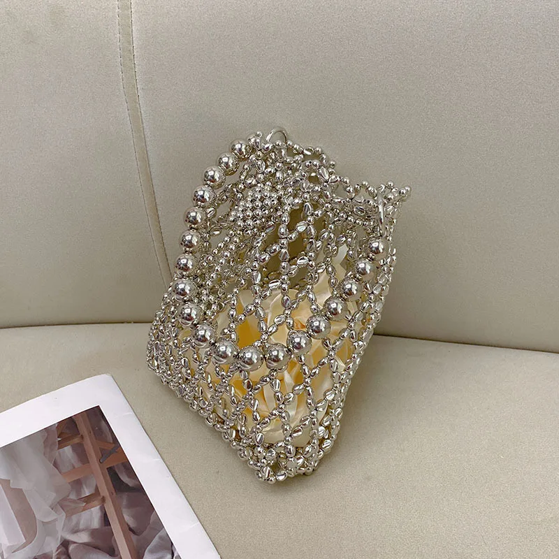 Handmade Beaded Silver Beads Simple Handbag Women's Summer Personality Trend Bag New Metal Silver Armpit Bag