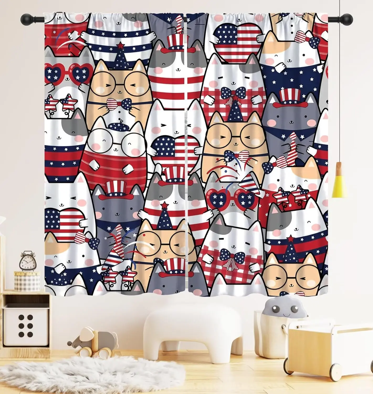 US Flag Cute Cartoon Cat Blackout Curtains, Animal Print Rod Pocket Drapes for Kitchen Bedroom Living Room Office Decor