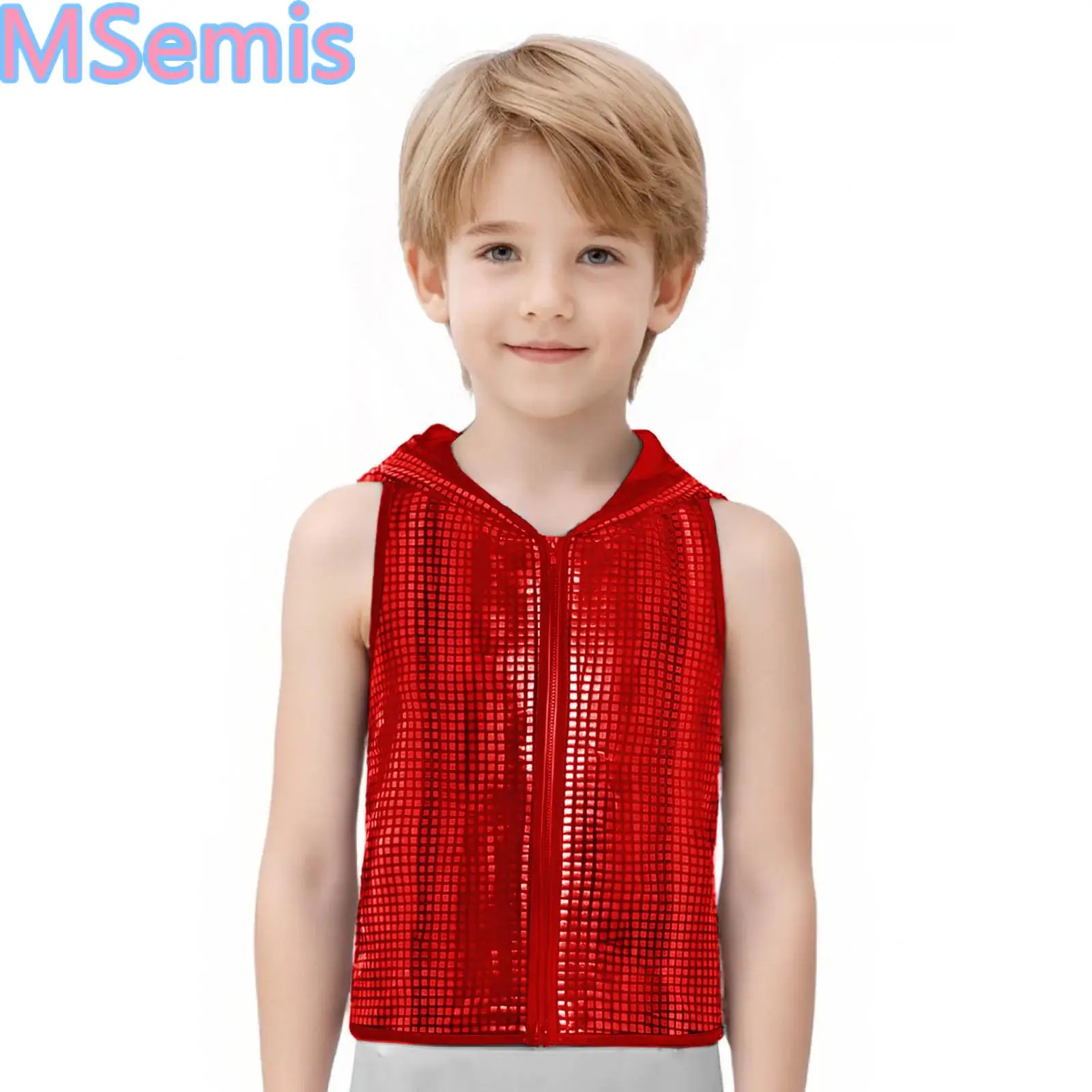 

Unisex Kids Metallic Plaid Racer-Back Hooded Vest Sleeveless Zipper Waistcoat Dance Performance Party Costume for Boys Girls