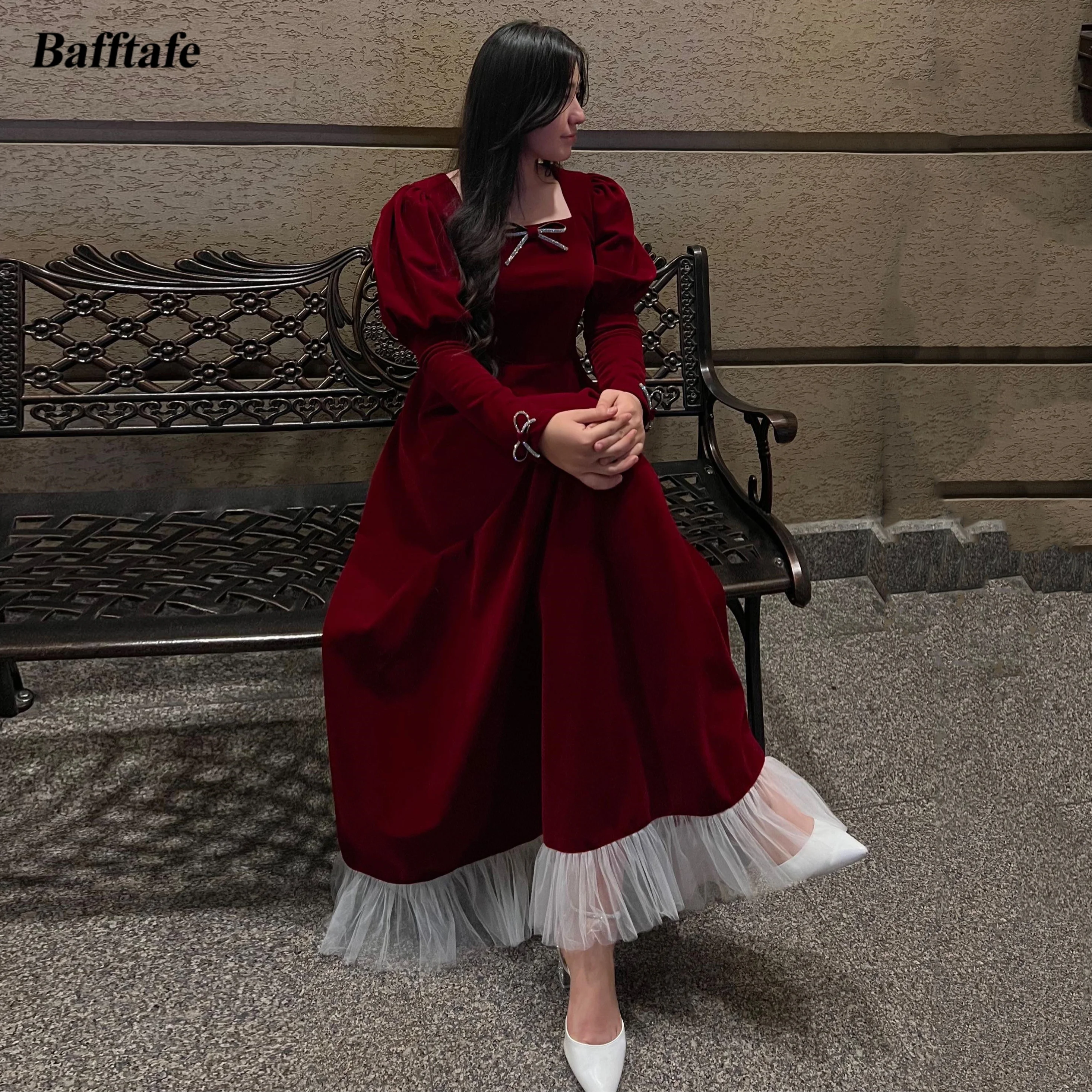 Bafftafe-Robe de Soirée Trapèze en Velours Bordeaux, Tenue de Bal à Manches sulf, Longueur de Rincage, Col Carré, pour Occasions Spéciales