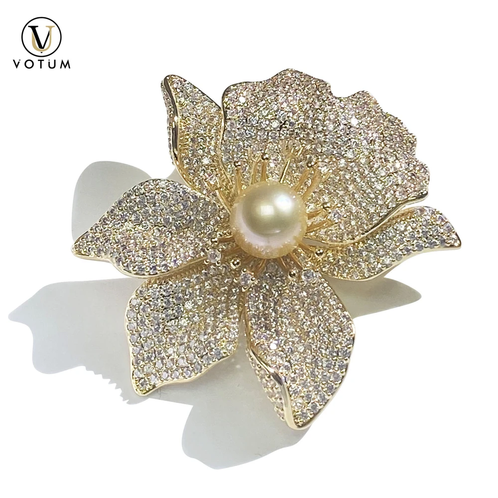 

Votum Golden Pearl 925 Silver Flower Brooch for Women Cubic Zicronia Handmade Pendant Fine Jewelry Anniversary Gift for Mom Lady