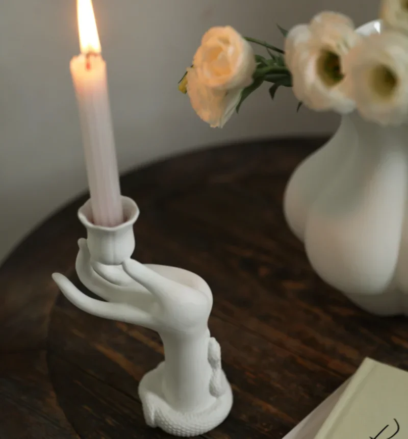 Nordic Muse White Flower Ceramic Candlestick Holder, Beauty Finger Candlestick, Desktop Decoration, Sculpture, Modern Decoration