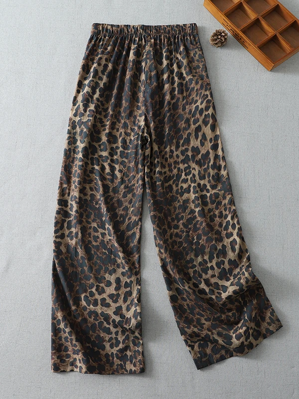 Retro Leopard Print Wide Leg Pants Women's Summer Thin Fashion Age-Defying Loose High Waist Slimming Straight Casual Trousers