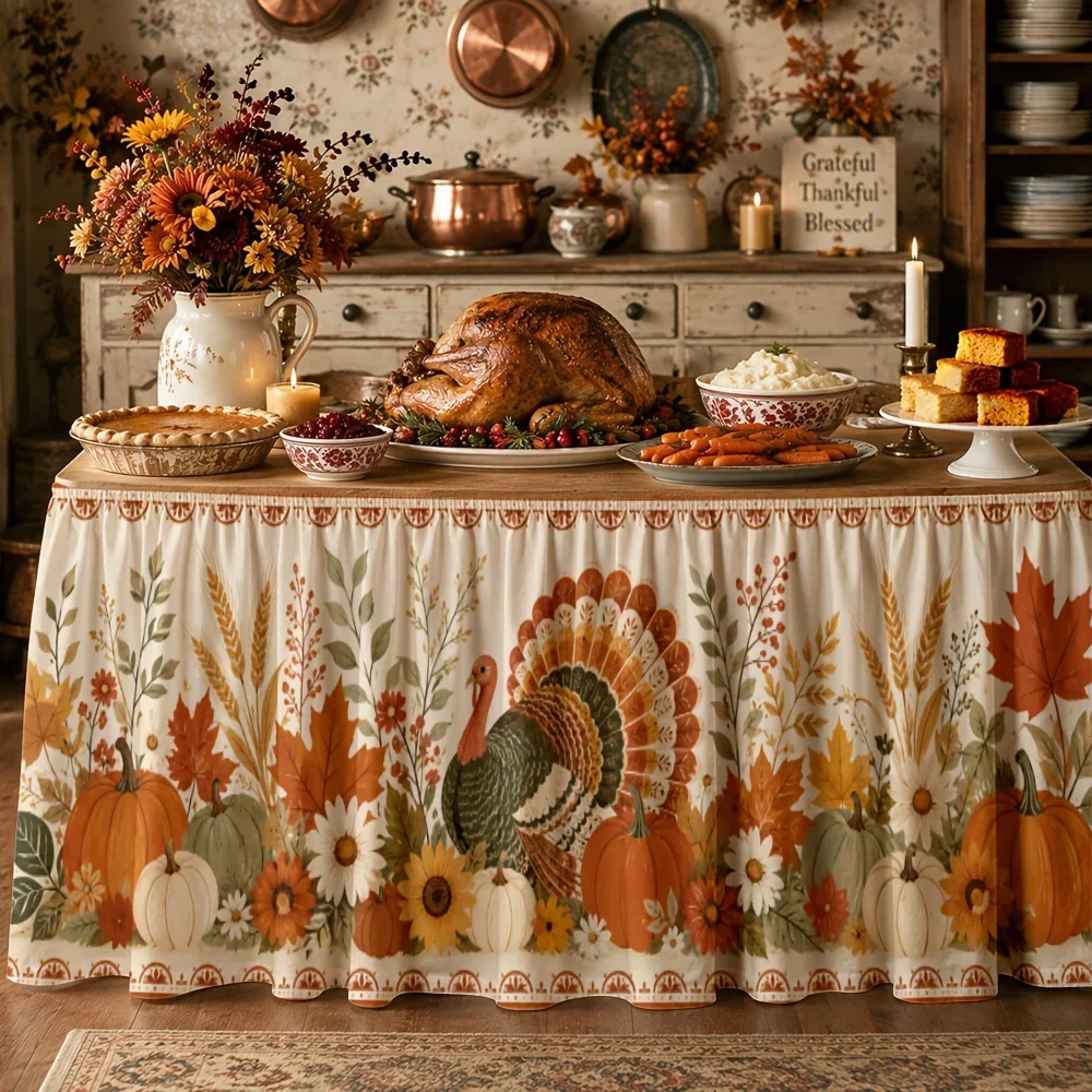 Party table skirts, 1-piece set. Thanksgiving turkey and autumn leaves table skirts.