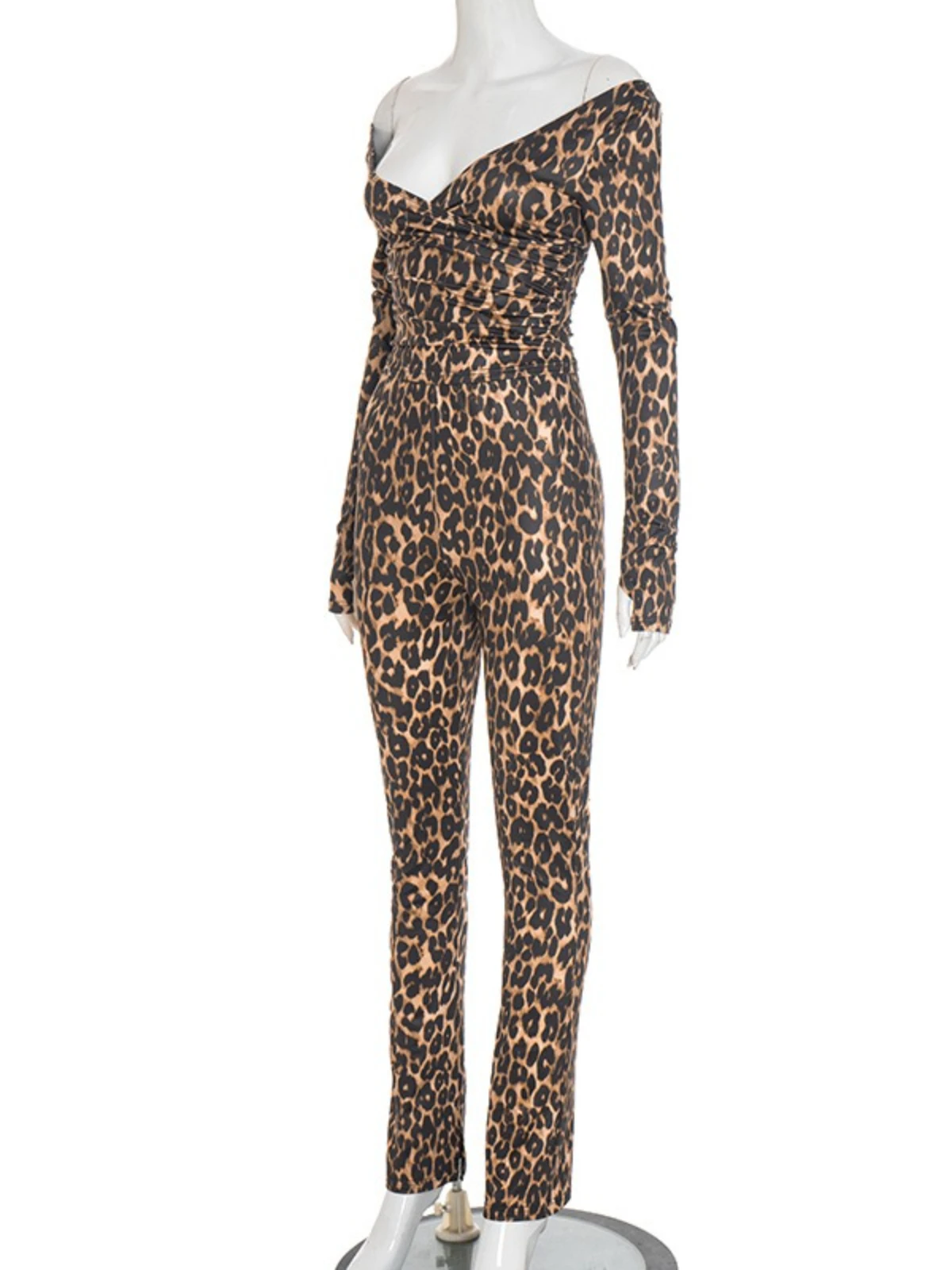 SsTss Women's Leopard Print 2 Pieces Set 2025 Autumn Fashion Deep V Neck Off Shoulder Long Sleeve T Shirt and Long Pants Suits