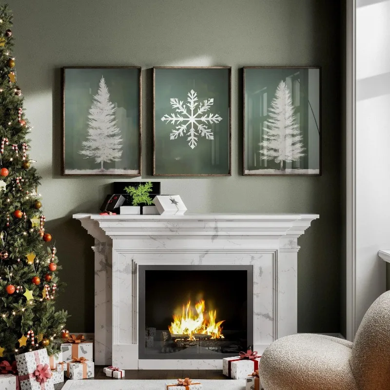 3pcs Dark Green Neutral Christmas Wall Art Prints White Pine Tree Snowflake Textured Winter Rustic Farmhouse Unframed Canvas