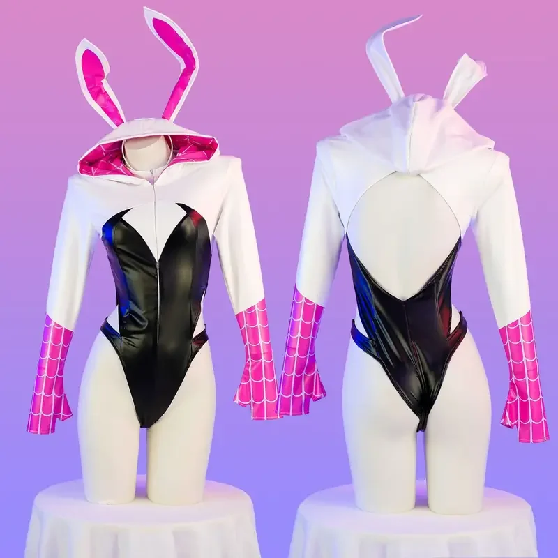 Gwen Gwen Bunny Macacão Com Capuz para Mulheres, Filme Comic Role Play, Bodysuit De Couro De Manga Longa, Traje Cosplay