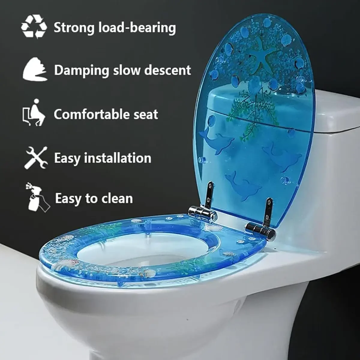 Toilet lid, Transparent Resin Toilet Seat U V O Universal Soft Close Lid Stainless Steel Hinges Quiet No Slam Wc(C)