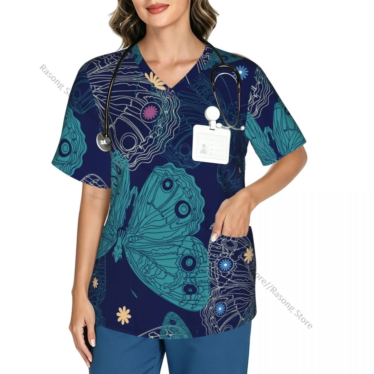 Women Scrubs Blouse Medical Nurse V-neck Clinical Scrubs Top Beautiful Butterfly Operating Room Work T-shirt