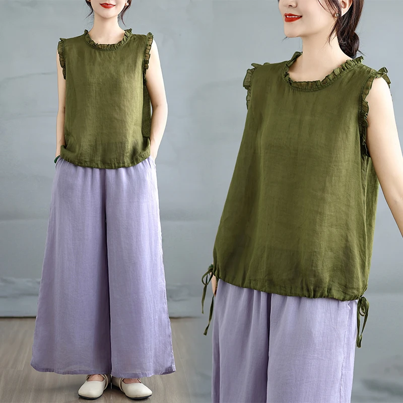 

plus Size Slimming Top Summer Casual Style Loose Sleeveless Mushroom Collar Women's Comfortable Versatile Artistic Shirt