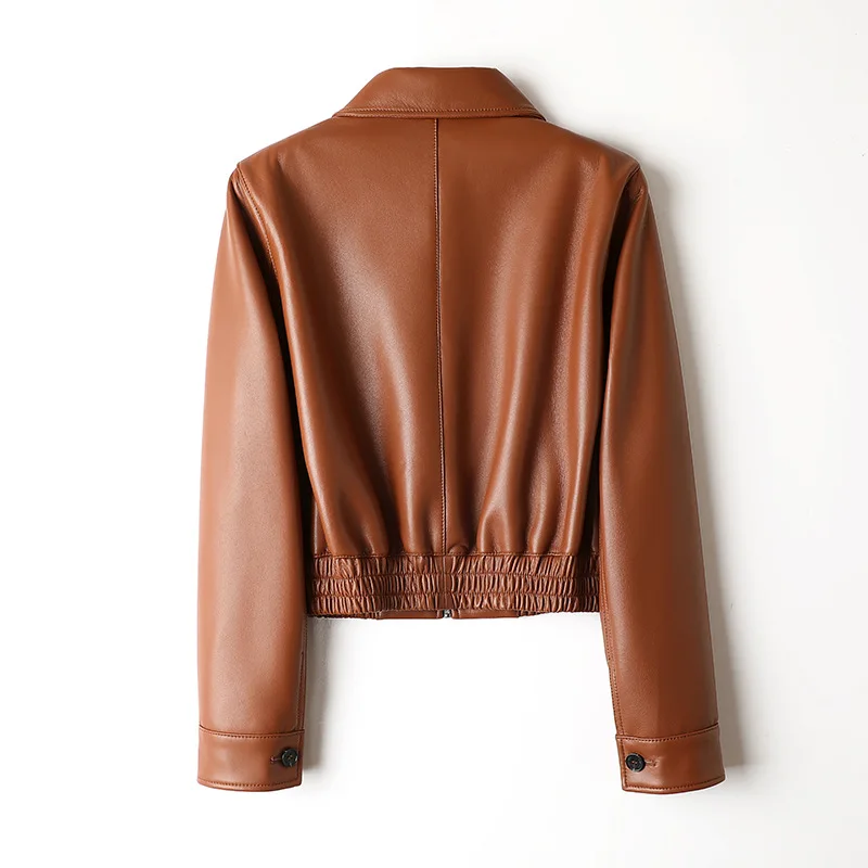 Mode Braun 100% Echtes Leder Jacken Frauen Herbst Winter Revers Zipper Kurze Schaffell Langarm Elastische Taille Jacke Mäntel
