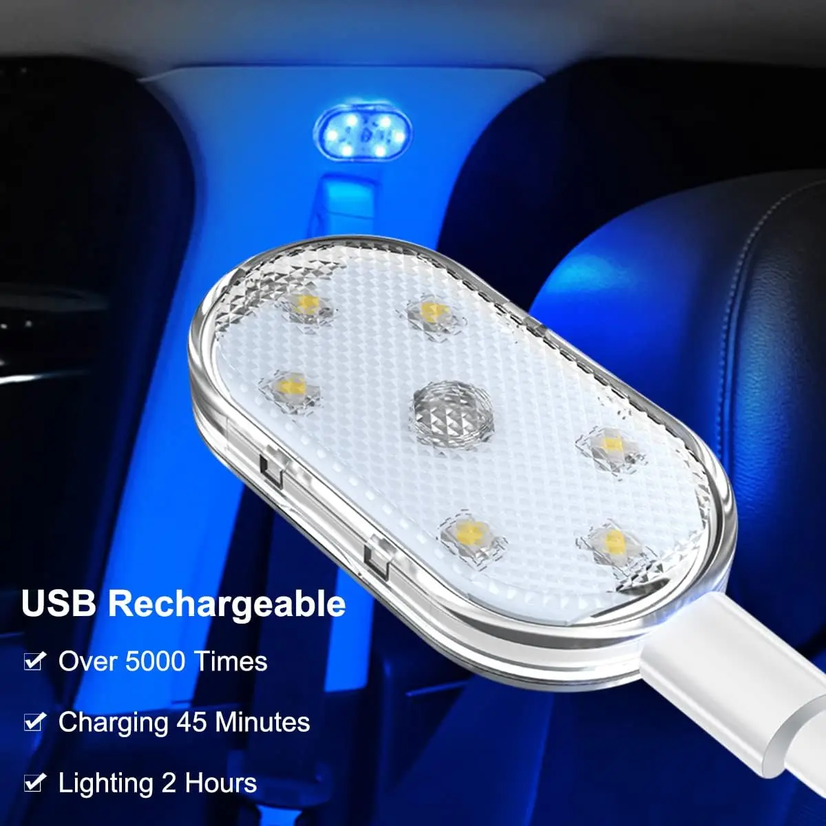 4Pcs Car LED Lights Interior Wireless, 7 Colors Interior Car Lights with 6 Bright LED Lamp Beads, Portable USB Rechargeable Car 