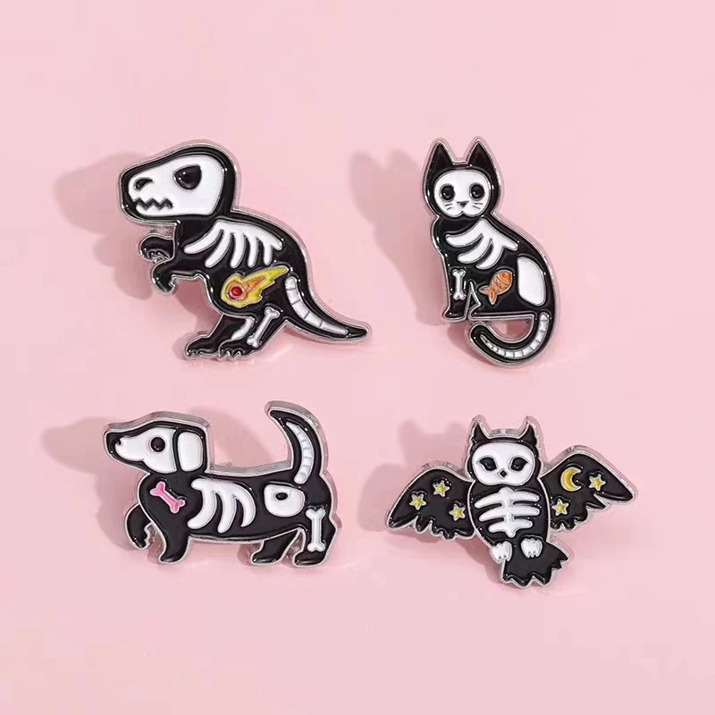 Pin Club | Punk Animal Bone Brooches Dinosaur Black Cat Dog  Owl Skull  Halloween Hat Lapel Badges Accessories Custom  Wholesale