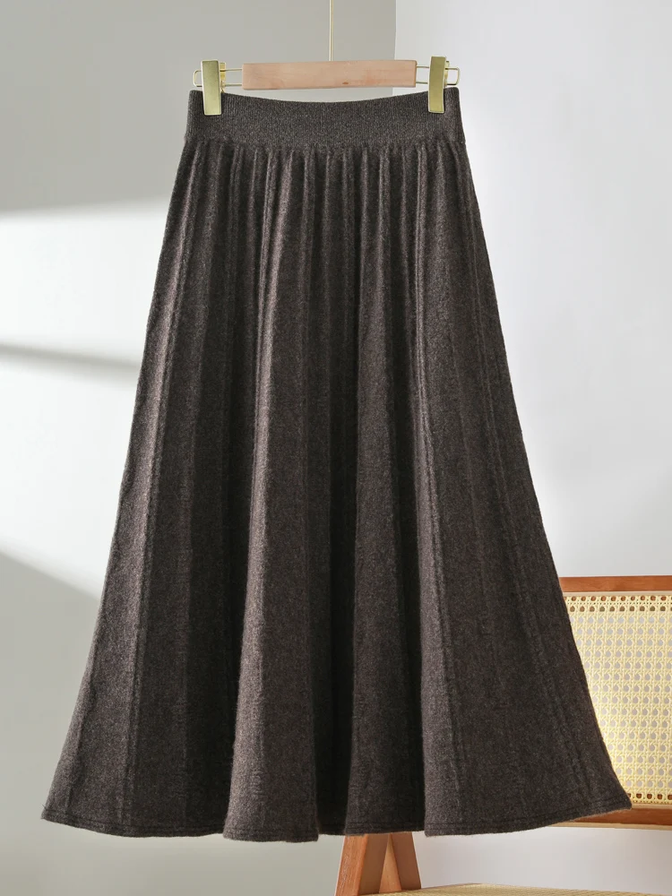 Grace Women’s A-Line Skirts 100% Merino Wool Knitwear Pleated Elastic Waist Vintage Cashmere Skirts Umbrella Dress Autumn Winter