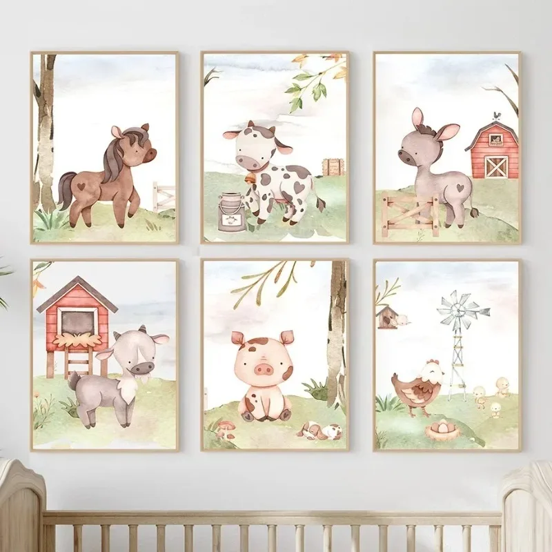 Farm Animal Sheep Cow Pig Chicken Duck Bird Wall Art Canvas Painting Nordic Posters Prints Nursery Wall Pictures Kids Room 