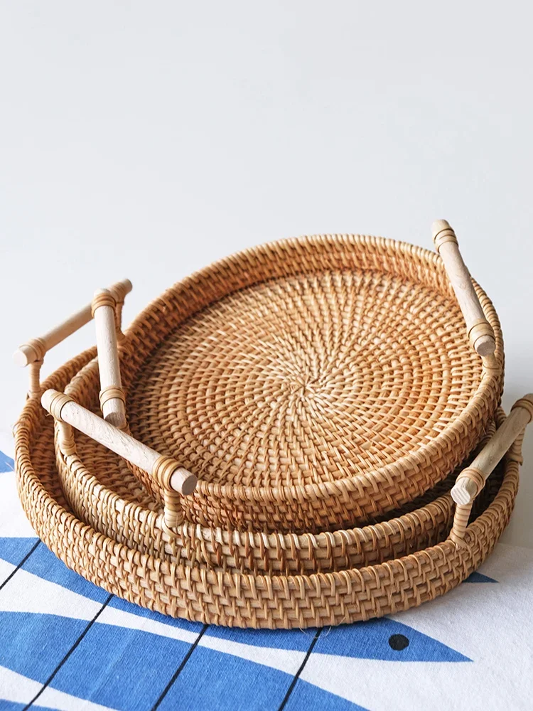 Fruit Basket, Double Ear Woven Bread Basket, Household Dim Sum Tray, Manual Tray