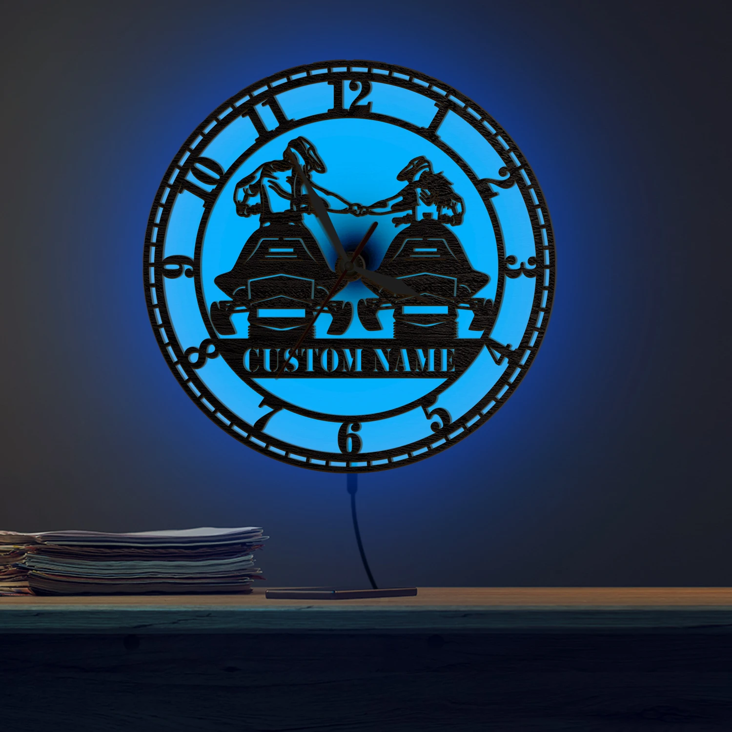 Custom Name Race Car Couple LED Light Wall Clock For Man Cave Garage Motorsport Color Changing RGB Night Light Wooden Wall Clock
