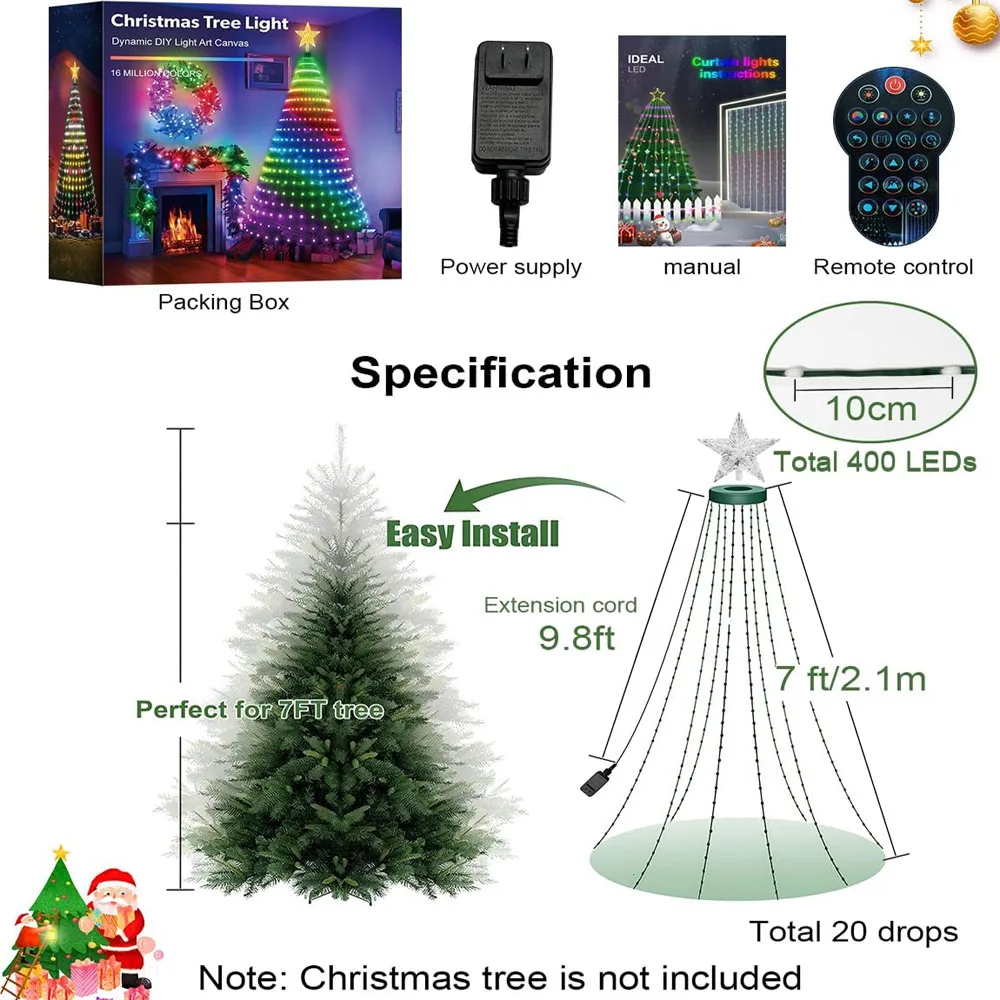 Smart Christmas Tree Lights Indoor Outdoor 400 LED 20 String Lights with Remote Control Timing Function for Christmas Tree Decor