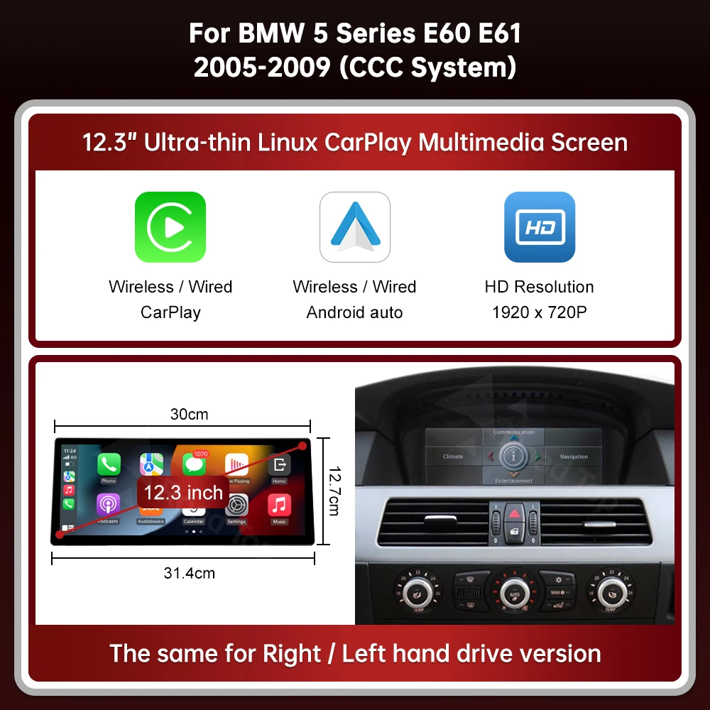 DE RoadTop 12.3'' Draadloze CarPlay Linux Ultradun scherm voor BMW Serie 3 5 E60 E61 E90 E91 E92 E93 CCC CIC Multimedia Display