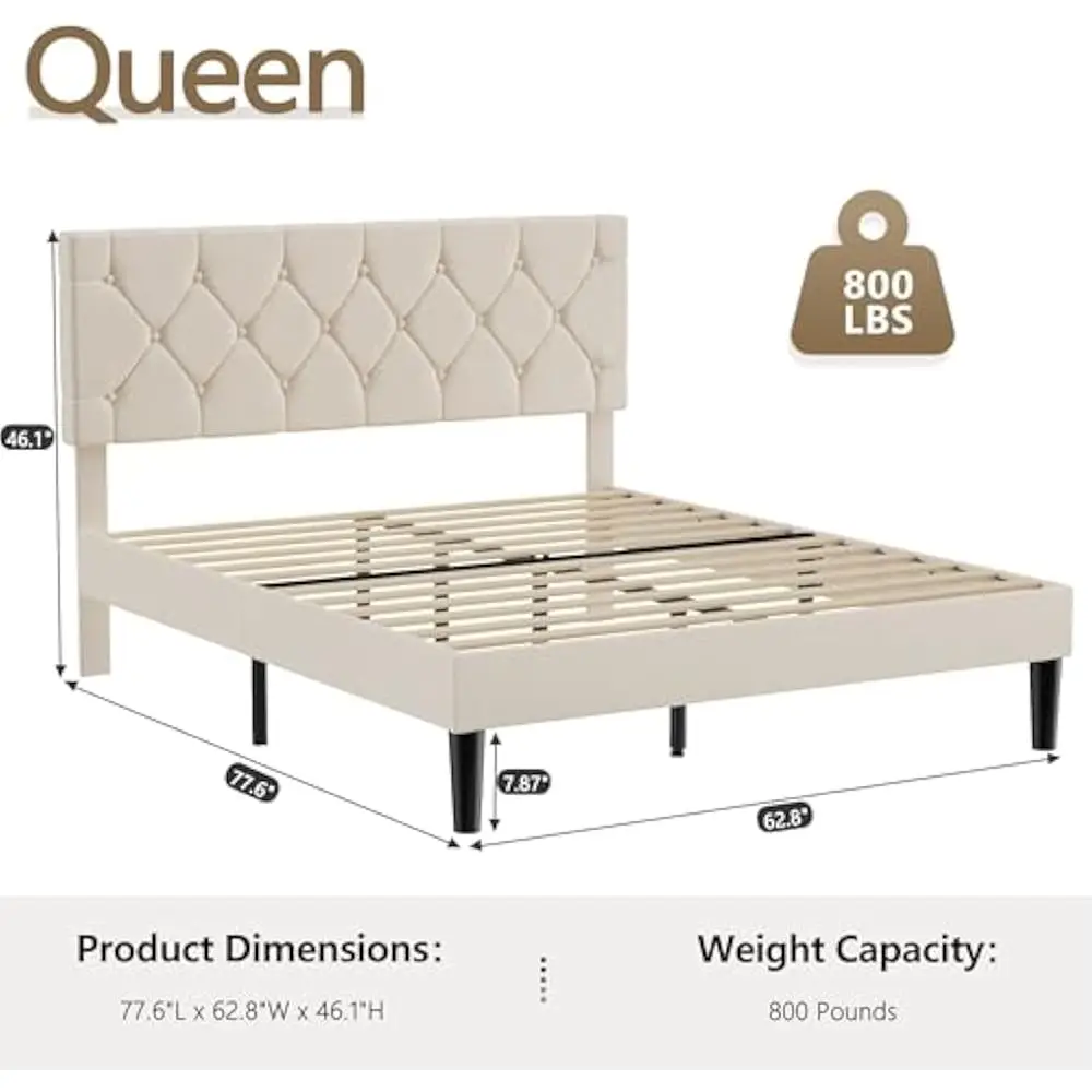 Estrutura de cama queen size com cabeceira tufada de botão, plataforma com suporte de ripas de madeira, sem necessidade de molas, estrutura de cama