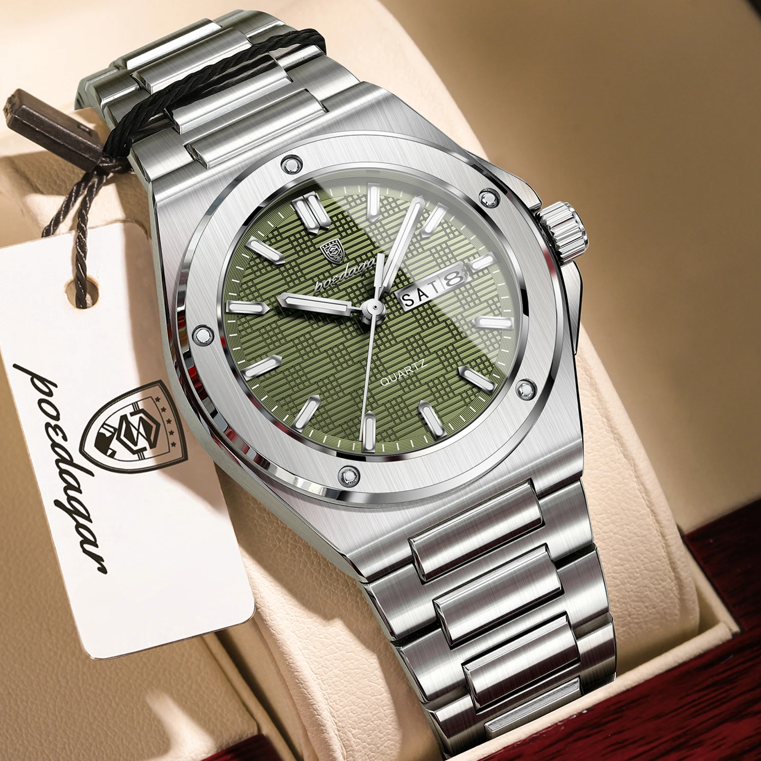 POEDAGAR Top-Mode Herrenuhren Datum Wochentag Edelstahl Quarz Herrenuhr Wasserdicht Leuchtend Militär Herren Armbanduhr Reloj