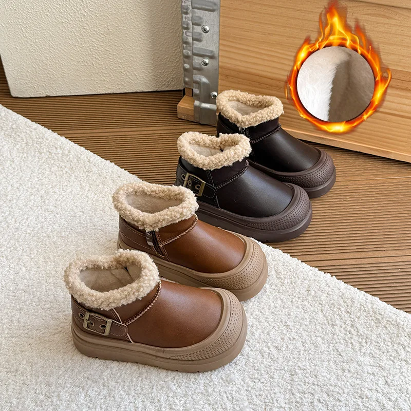 Little Boys Girls Fleece Cuff Ankle Snow Boots Toddler Winter Warm Adjustable Buckle Strap Platform Rubber Sole Outdoor Boots