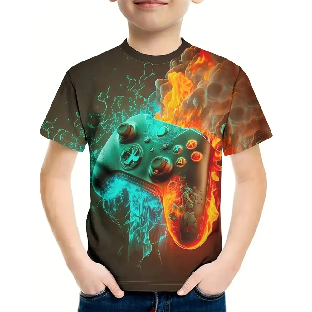 

T-shirt 3D printed game controller, girl's drawing pen style T-shirt, casual round-neck short-sleeved top for children, summer