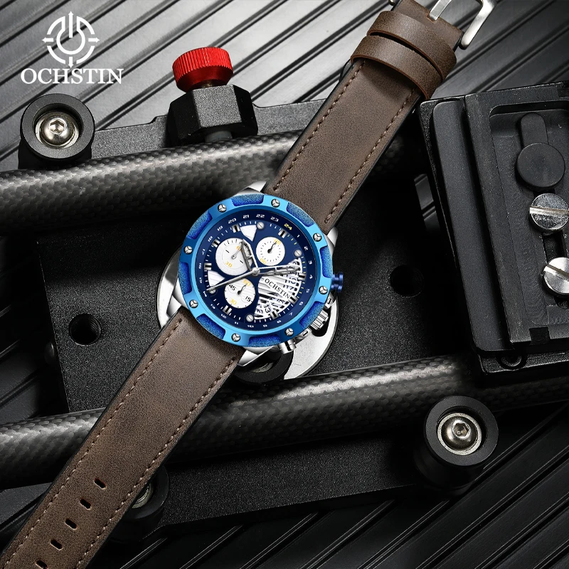 OCHSTIN Multifunctional Quartz Business Watch For Men Tough Alloy Frame Long-lasting Genuine Leather Strap Waterproof Watches