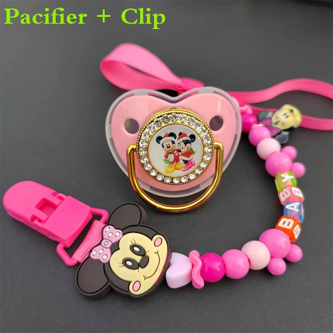 [Baby Pacifier Custom clip] Christmas Holiday Mickey Mouse shiny Fake Pacifier Clip Baby Teething Lollipop Rhinestone Cute baby