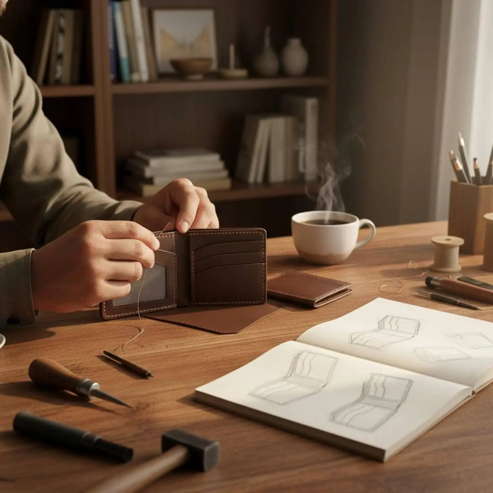 Kit de fabrication de portefeuille en cuir synthétique pour homme, modèle bifold avec compartiments pour cartes, idéal pour un cadeau DIY pour le père.